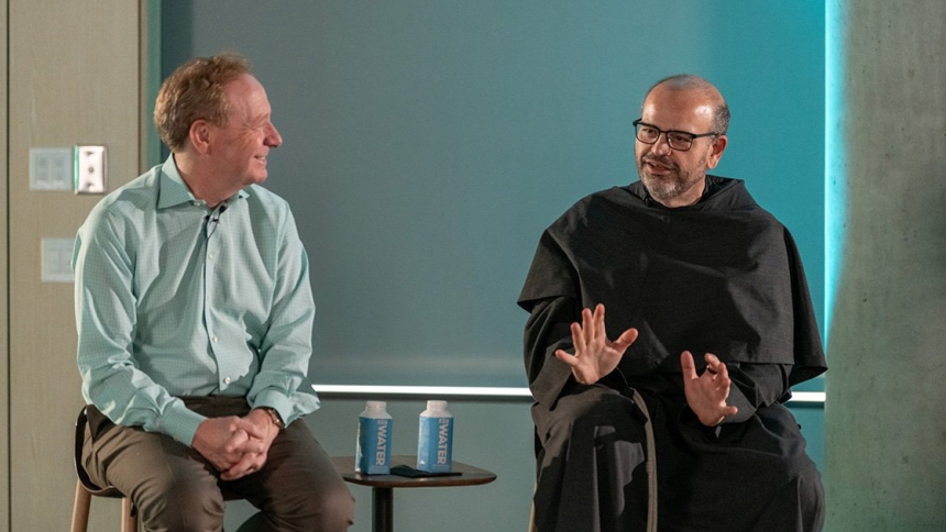 Franciscan Father Paolo Benanti, an adviser to Pope Francis on ethics and technology, talks with Microsoft President Brad Smith about ethics and artificial intelligence during an event on the Microsoft campus in Redmond, Wash., July 23, 2024. Father Benanti is a member of the United Nations’ advisory body on artificial intelligence. (OSV News photo/courtesy Seattle University)