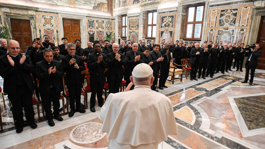 Pope Francis greets members of the Oblates of St. Joseph at the Vatican Aug. 26, 2024, urging them to stay close to Jesus through prayer and Eucharistic adoration. (CNS photo/Vatican Media)