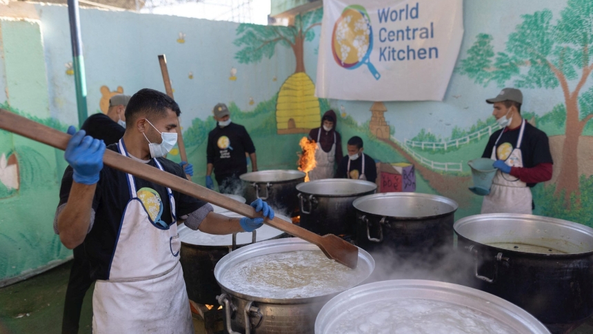 Members of the World Central Kitchen prepare food for Palestinians in a location given as Gaza amid the ongoing conflict between Israel and Hamas, in this picture released on March 21, 2024 and obtained from social media. An April 1 Israeli airstrike killed seven aid workers from the nongovernmental organization, including foreign aid workers, leading the charity April 2 to suspend delivery of vital food aid to Gaza. (OSV News photo/courtesy of @chefjoseandres via X via Reuters) 