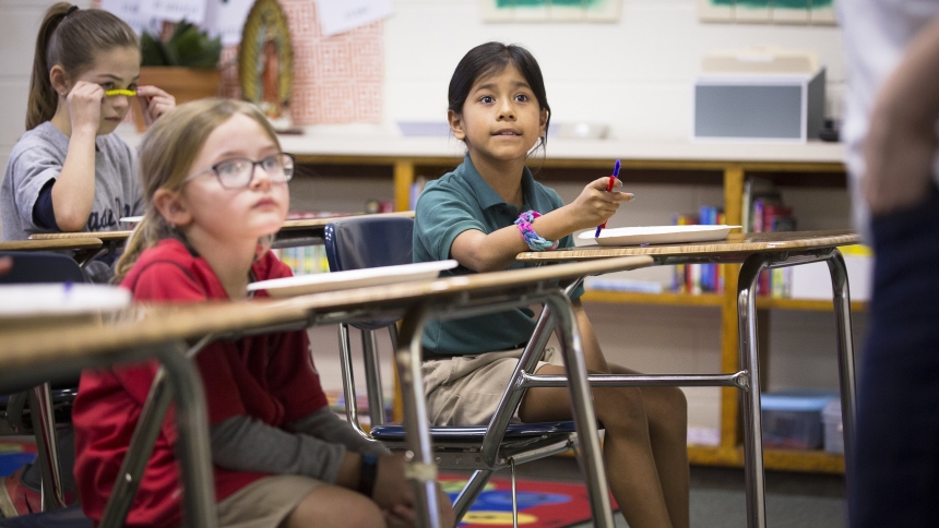 File photo of student Yoselyn Arroyo at Holy Name of Jesus Catholic School in Henderson, Ky., works on a classroom project March 29, 2018. The theme for National Catholic Schools Week 2024 (Jan. 28- Feb. 3) is "Catholic Schools: United in Faith and Community." (OSV News photo/Tyler Orsburn, CNS file)