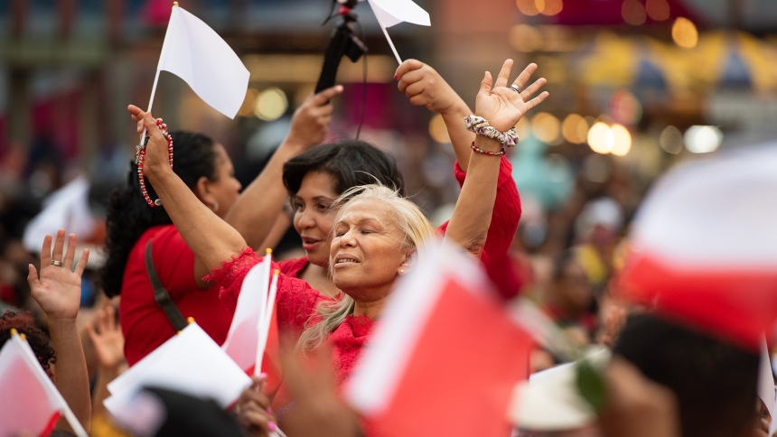 A woman prays during a Eucharistic procession through the Manhattan borough of New York City to St. Patrick's Cathedral for a Pentecost Vigil May 27, 2023. The Charismatic Renewal event in Spanish attracted close to 2,700 people. (OSV News photo/Jeffrey Bruno)