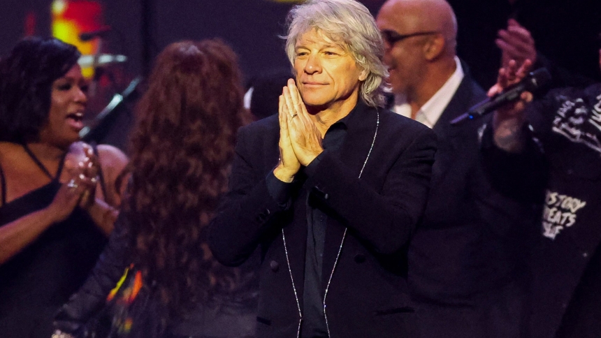 Musician Jon Bon Jovi gestures onstage during the MusiCares Person of the Year Gala in Los Angeles Feb. 2, 2024. (OSV News photo/Mario Anzuoni, Reuters)