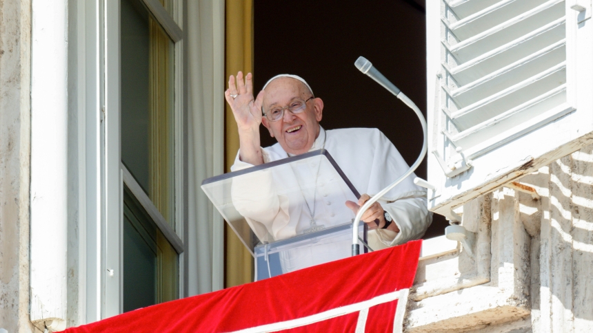 Pope Francis greets visitors gathered in St. Peter's Square to pray the Angelus at the Vatican Sept. 15, 2024. (CNS photo/Vatican Media)