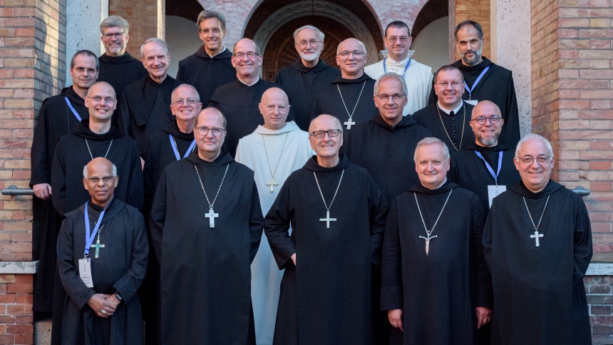 U.S. Abbot Gregory Polan, abbot primate of the Benedictine Confederation, center, poses for a photo Sept. 9, 2024, with members of the Benedictine Congress of Abbots. Abbot Jeremias Schröder of St. Ottilien Archabbey in Eresing, Germany, left of Abbot Polan, was elected the new abbot primate Sept. 14, 2024, at Sant'Anselmo Abbey in Rome. (CNS photo/Courtesy Benedictine Confederation)