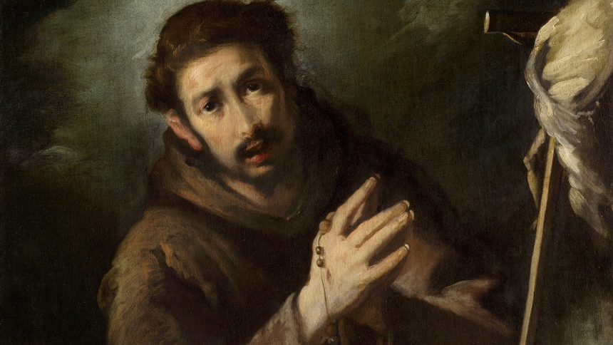 This 17th-century oil on canvas painting by Bernardo Strozzi titled "Saint Francis in Prayer" is part of the "Heavenly Earth: Images of Saint Francis at La Verna" exhibit at the National Gallery of Art in Washington. (CNS photo/courtesy National Gallery of Art)