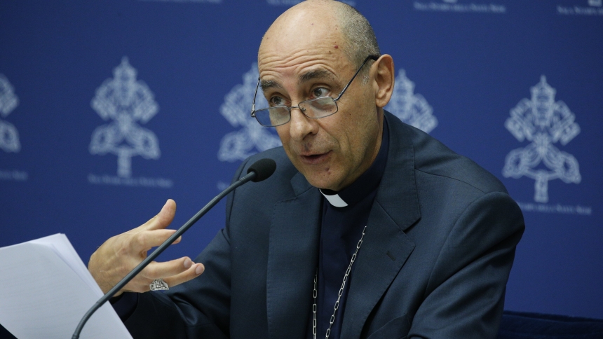 Cardinal Víctor Manuel Fernández, prefect of the Dicastery for the Doctrine of the Faith, speaks at a news conference at the Vatican Sept. 19, 2024, on the dicastery's approval of pilgrimages and other spiritual practices related to the alleged Marian apparitions in Medjugorje, Bosnia-Herzegovina. (CNS photo/Justin McLellan)