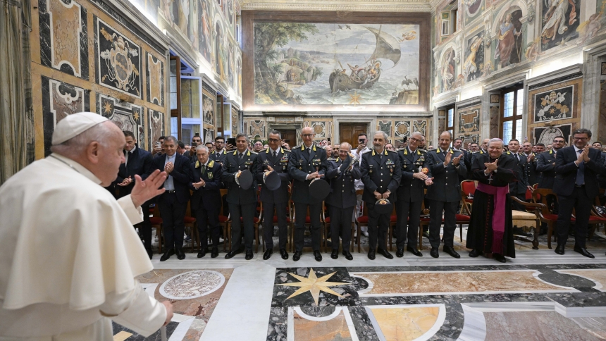 Pope Francis meets with members of Italy's Guardia di Finanza, the financial police, in the Clementine Hall of the Apostolic Palace at the Vatican Sept. 21, 2024, the feast of St. Matthew, patron of the force. (CNS photos/Vatican Media)