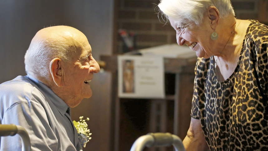 Ben Nagel receives birthday well wishes from St. Helen parishioners following Mass on Aug. 11. Nagel turned 100 on Aug. 8. (Deacon Bob Wellinski photo) 