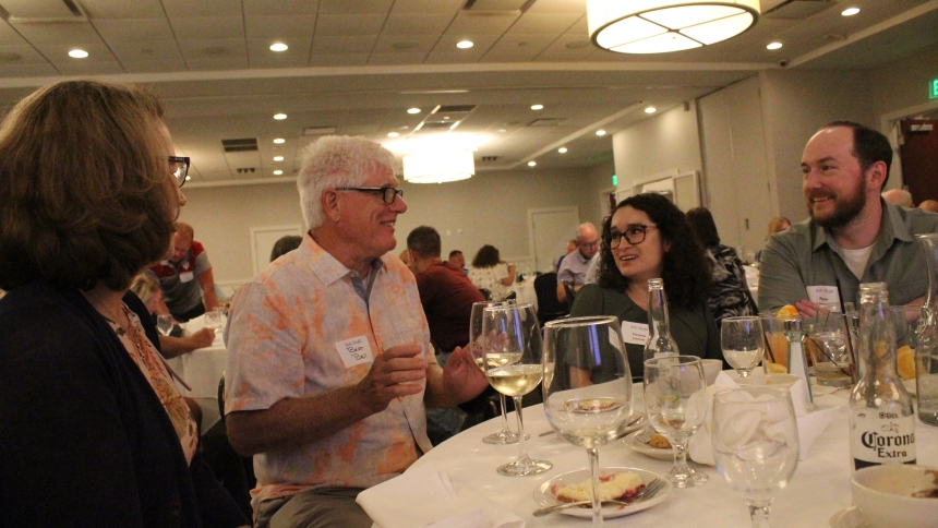 Sue and Bert Bell of Lowell, who have been married for 43 years, had a few tips on how to maintain a happy marriage for Vanessa and Ryan Lochow, of Schererville, who have been married two years, during the Diocese of Gary's Marriage Date Night on Sept. 13 at The Lighthouse in Cedar Lake. "With God you can overcome everything," said Sue Bell. (Marlene A. Zloza photo)