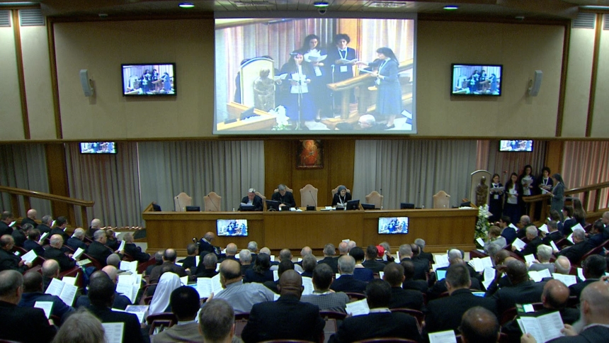 Members of the Synod of Bishops on synodality attend the second day of a two-day retreat at the Vatican Oct. 1, 2024, before the start of the second synod session. (CNS screen grab/Vatican Media)