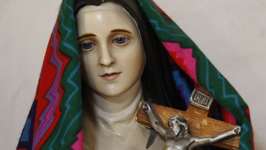 A file photo shows a statue of St. Therese of Lisieux holding a crucifix and flowers at St. Anne Mission Church in Acomita, N.M., on the Acoma Indian reservation. Also known as the "Little Flower," her feast day is Oct. 1. (OSV News photo/Bob Roller)  