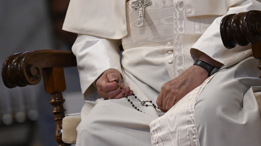 Pope Francis prays the rosary for peace with members of the Synod of Bishops, pilgrims, ambassadors accredited to the Vatican and Catholics from the Diocese of Rome in the Basilica of St. Mary Major Oct. 6, 2024. (CNS photo/Vatican Media)