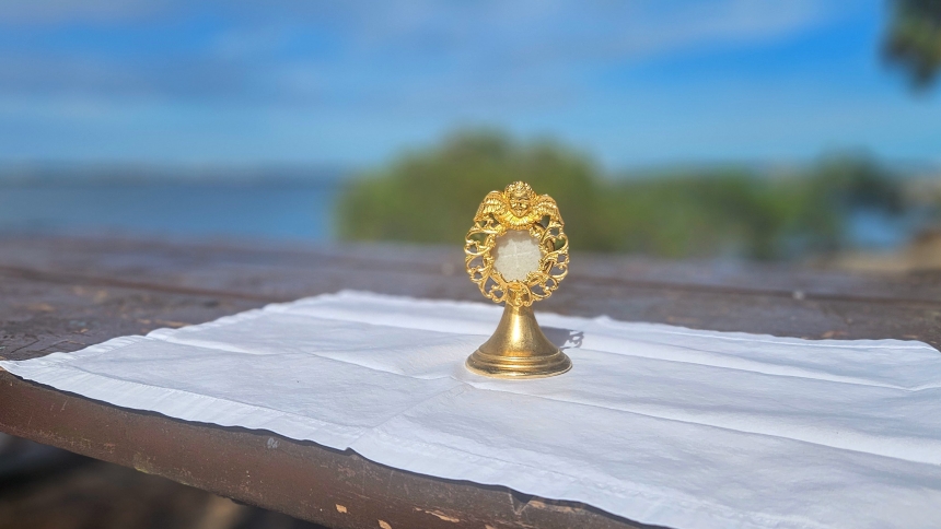 A monstrance owned by Father Chuck Dornquast, vocations director for the Diocese of St. Petersburg , Fla., is seen in an undated photo. Father Dornquast traveled Oct. 8, 2024, across town to a local historical site in St. Petersburg to offer an outdoor Holy Hour and exposition of the Blessed Sacrament in advance of Hurricane Milton's expected landfall on Florida's Gulf Coast late Oct. 9. (OSV News photo/courtesy Father Chuck Dornquast)