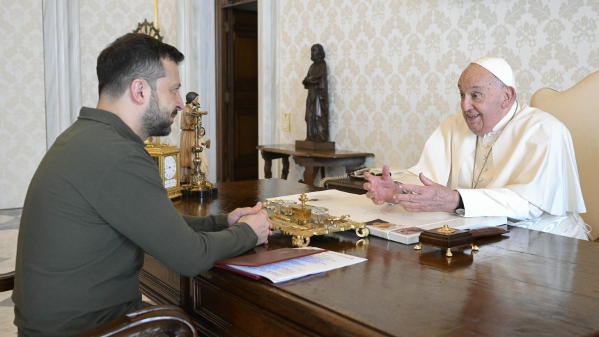 Pope Francis meets with Ukrainian President Volodymyr Zelenskyy at the Vatican Oct. 11, 2024. (CNS photo/Vatican Media)