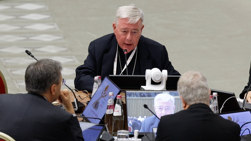 Cardinal Jean-Claude Hollerich of Luxembourg, relator general of the Synod of Bishops on synodality, speaks during the morning session in the Paul VI Audience Hall at the Vatican Oct. 15, 2024. (CNS photo/Lola Gomez)