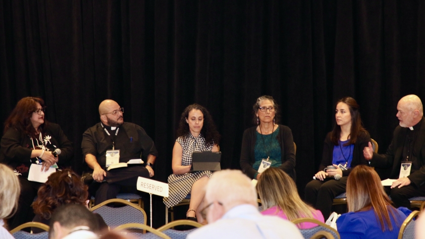 In a NCADDHM 2024 annual conference panel Oct. 9, 2024, in Miami led by Father Alejandro Lopez-Cardinale, pastor of St. Benedict Parish in Somerville, Massachusetts, far right, the following speakers discussed their viewpoints on "Synodality and the Pastoral Reality," left to right: Esther Garcia, ministry consultant on catechesis, disability and cultural iversity; Father Robert Mendez, chaplain for Courage International Inc.; Ingrid Delgado, associate director of the U.S. Conference of Catholic Bishops' Of