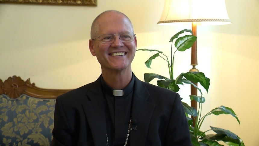 Archbishop Paul D. Etienne of Seattle, a member of the Synod of Bishops, speaks about the synod during an interview with Catholic News Service at the Pontifical North American College in Rome Oct. 24, 2024. (CNS photo)