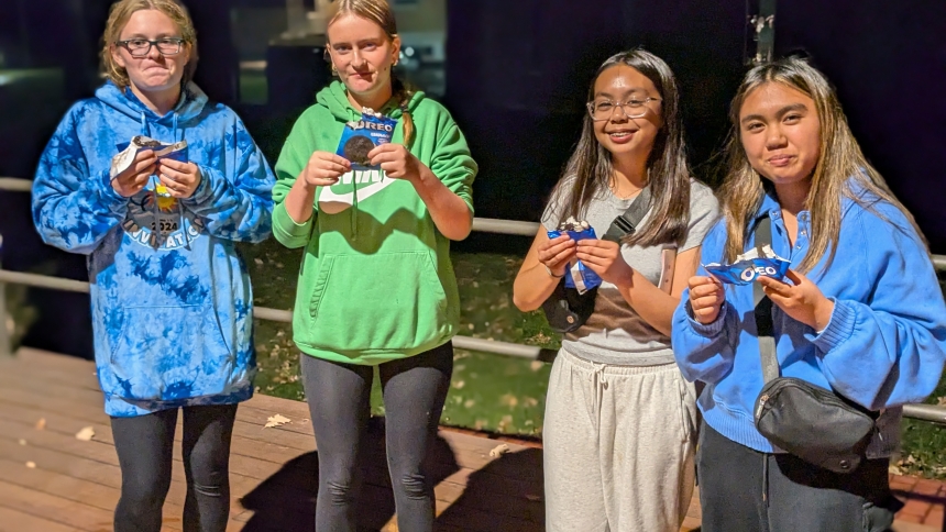 Charlotte Rensch, Jean Goggin, Allison Brinas and Mia Legaspi enjoy ice cream after visiting Jesus at Our Lady of Czestochowa at the Salvatorian Mission in Merrillville on Sept. 24. The teens appreciate the opportunity to build friendships and have personal time with Christ during Eucharistic Adoration. (Lynda J. Hemmerling photo)