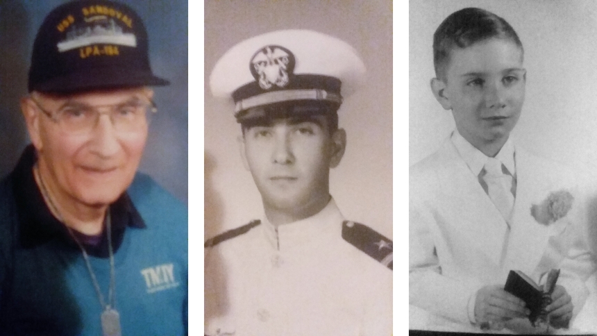 This combo photo shows Edward "Eddie" Maurer III of Aurora, Colo., left, a Navy veteran and retired engineer, now 81; Mauer as a commissioned officer in the U.S. Naval Reserve, center; and young Eddie at his confirmation at St. Brigid Church in Detroit in 1955, right. (OSV News photo/courtesy Edward Maurer)