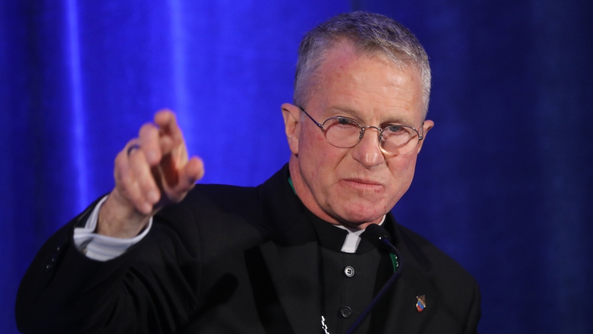 Archbishop Timothy P. Broglio of the U.S. Archdiocese for the Military Services, president of the U.S. Conference of Catholic Bishops, speaks during a news conference at a Nov. 14, 2023, session of the bishops' fall general assembly in Baltimore. Archbishop Broglio issued a USCCB statement Nov. 6, 2024, calling for prayer and unity following the results of the presidential election. (OSV News photo/Bob Roller) 