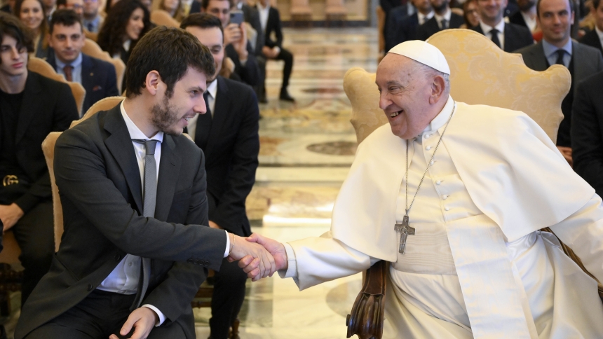 Pope Francis shakes hands with a member of the Italian National Youth Council during a meeting at the Vatican Nov. 16, 2024. (CNS photo/Vatican Media)