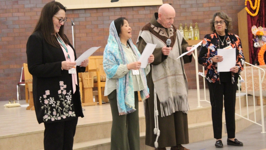 Performing a skit to open the Conference '24 training and renewal sessions for liturgical ministers from the Diocese of Gary on Nov. 16 are (from left) Dr. Claudia Sadowski, diocesan coordinator of intercultural ministry, Michelle Alexander, Father Lalo (Ed) Shea, C.F.M., and Adeline Torres. (Marlene A. Zloza photo)