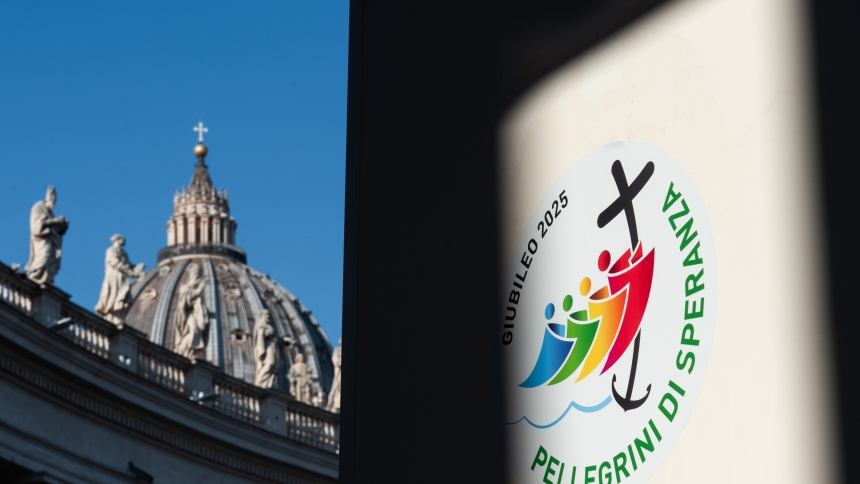 The is a combination photo of St. Peter’s Basilica and the logo chosen by the Vatican for the Holy Year 2025. Pope Francis has chosen the theme, "Pilgrims of Hope," for the jubilee year, which is marked by pilgrimages, prayer, repentance and acts of mercy.  (OSV News photo/Massimiliano Migliorato, Catholic Press Photo)       