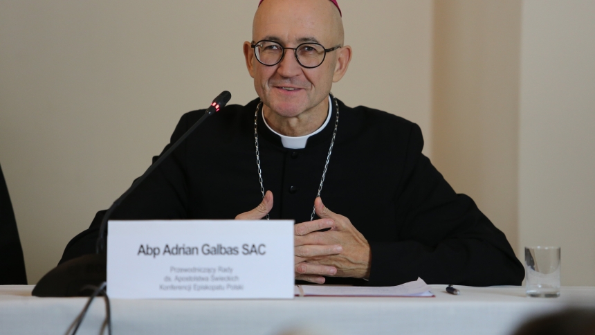 Archbishop Adrian Galbas is seen in a Nov. 21, 2023, photograph at the Marian shrine of Jasna Góra in Czestochowa, Poland, during a plenary meeting of the Polish bishops' conference. A member of the Society of the Catholic Apostolate, or Pallottines, he was reassigned to the Polish capital, Warsaw, one of the biggest and most powerful archdiocese in the Catholic country, after just 18 months as head of the southern Archdiocese of Katowice. He will be installed to head the Warsaw Archdiocese Dec. 14, 2024. (