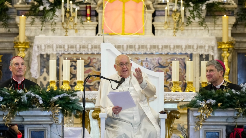 Pope Francis speaks to local bishops, priests, deacons, consecrated persons and seminarians during a meeting with the local Catholic community at the Cathedral of Our Lady of the Assumption in Ajaccio, France, Dec. 15, 2024. (CNS photo/Lola Gomez)