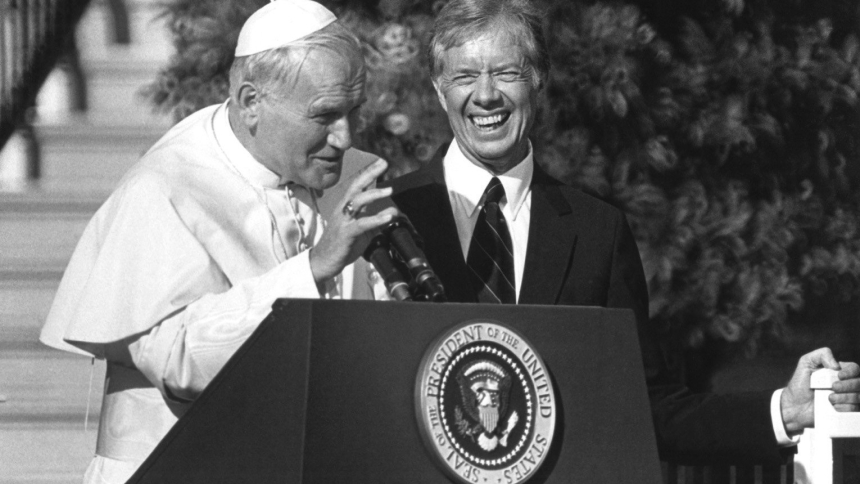 St. John Paul II addresses a press conference with President Jimmy Carter in the Rose Garden at the White House Oct. 6, 1979. Carter died Dec. 29, 2024, at 100, at his home in Plains, Georgia. (OSV News photo/CNS file, Chris Sheridan)