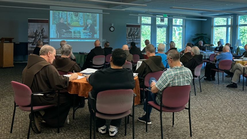 Franciscan friars gather in September 2024 in Racine, Wis., at a regional synodal meeting. From Jan. 14-17, 2025, about 200 Franciscan friars of the Atlanta-based Province of Our Lady of Guadalupe will gather in Kansas City, Mo., with their ministry partners for a "Franciscan Provincial Synod" focusing on their charism, lifestyle and mission. (OSV News photo/courtesy Province of Our Lady of Guadalupe)