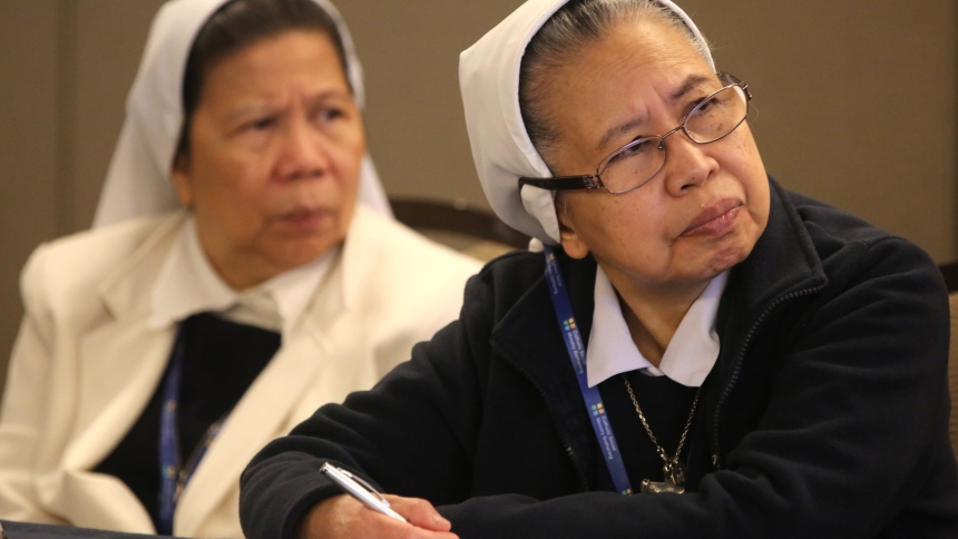 Women religious listen to a lecture titled "Mental Health: Moving Past the Taboo to a Culture of Acceptance"  Jan. 28, 2023, during the Catholic Social Ministry Gathering in Washington, where the 2025 CSMG will take place Jan. 25-28 under the theme, "Missionaries of Hope, Advocates for Justice." (OSV News photo/Bob Roller)