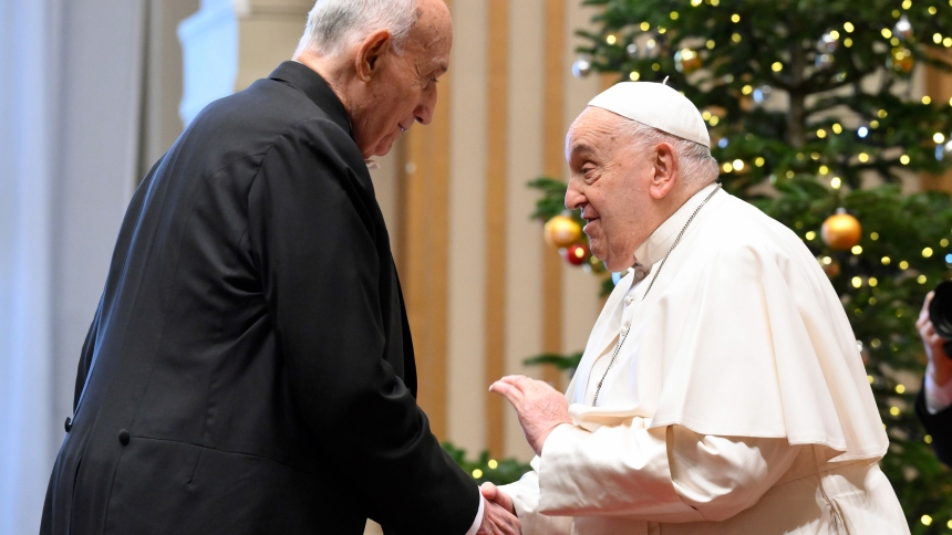 Pope Francis greets Georgios F. Poulides, the ambassador of Cyprus to the Holy See and dean of the diplomatic corps, during the annual meeting with diplomats accredited to the Holy See in the Hall of Blessing in the Apostolic Palace at the Vatican Jan. 9, 2025. (CNS photo/Vatican Media)