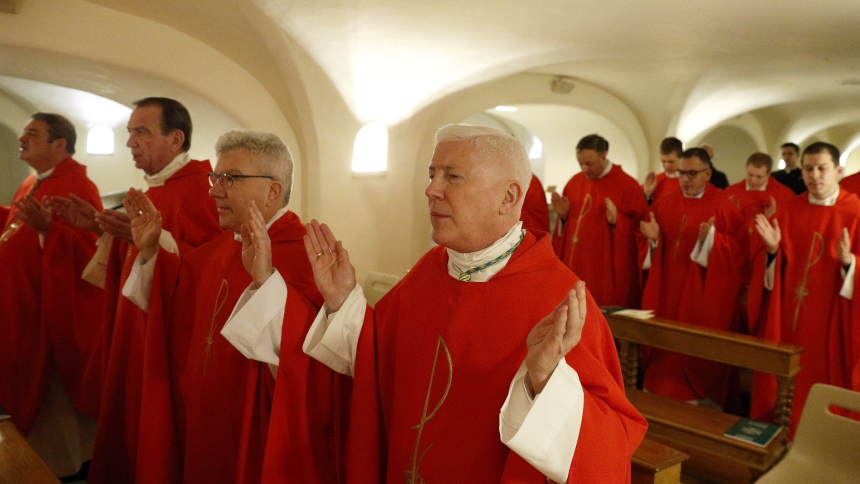 Bishop Daniel E. Thomas of Toledo, Ohio, front right, and other U.S. bishops from Ohio and Michigan concelebrate Mass in the crypt of St. Peter's Basilica at the Vatican Dec. 9, 2019. Bishop Thomas, chair of the U.S. Catholic bishops' Committee on Pro-Life Activities, will be among the speakers at the 52nd annual March for Life rally in Washington Jan. 24, 2025. (CNS photo/Paul Haring)