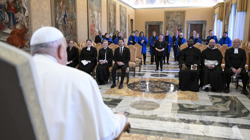 Pope Francis speaks to Orthodox, Catholic and Lutheran leaders in the Apostolic Palace at the Vatican Jan. 20, 2025, during their annual pilgrimage to Rome. (CNS photo/Vatican Media)