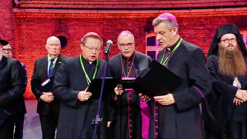 Cardinal Grzegorz Rys of Lodz, Poland, Archbishop Guido Filipazzi, who is apostolic nuncio to Poland, and Bishop Roman Pindel of Bielsko-Zywiec, Poland, recite a prayer in the name of Catholics during a Jan. 27, 2025, ceremony commemorating 80 years since the liberation of German Nazi concentration camp Auschwitz-Birkenau in Oswiecim, Poland. (OSV News/courtesy Diocese of Bielsko-Zywiec)