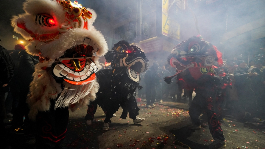 Dancers wearing lion costumes perform during a midnight Lunar New Year celebration in the Manhattan borough of New York City’s Chinatown Jan. 28, 2025, marking the Year of the Snake. (OSV News photo/Adam Gray, Reuters)