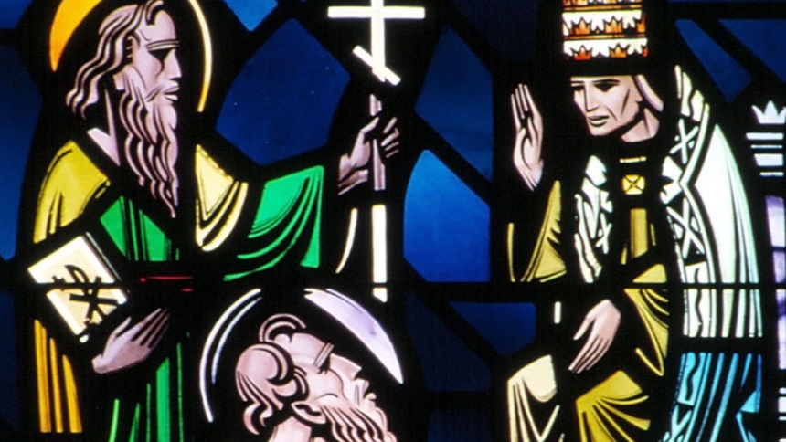 Sts. Cyril and Methodius are depicted before Pope Adrian II to ask his blessing to use the Slavic language in their missionary work. Brothers born in Greece, the ninth-century missionaries formed the alphabet now known as Cyrillic. They are patrons of Europe. Their feast is Feb. 14. (CNS photo from Crosiers) (Jan. 31, 2000)