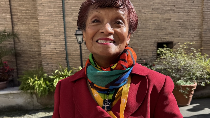 Yolanda Scott Brown, a member of the board of the U.S.-based Discerning Deacons poses for a photo outside the Basilica of Santa Maria in Trastevere in Rome Feb. 21, 2025, during the Jubilee for Deacons. (CNS photo/Cindy Wooden)