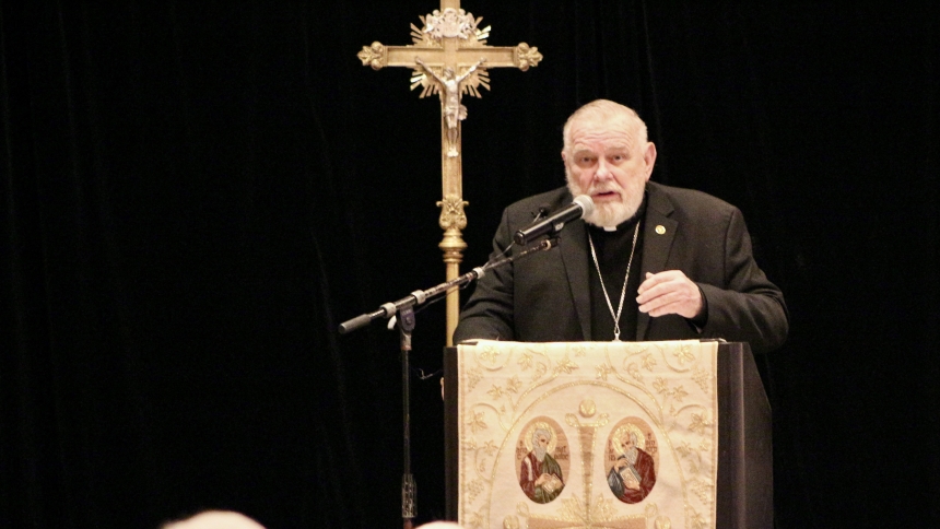 Miami Archbishop Thomas G. Wenski delivers the Jan. 24 keynote speech during the 2025 Serra USA Rally for Vocations in Miami Jan. 23-25 at the Miami Marriott Dadeland. (OSV News photo/Emily Chaffins, Florida Catholic)
