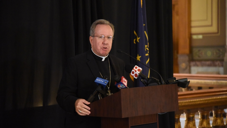Bishop Robert J. McClory, Diocese of Gary, spoke to those gathered at a press conference sponsored by the Indiana Catholic Conference in support of proposed legislature to discontinue the death penalty. (Photo by Sean Gallagher/The Criterion) 
