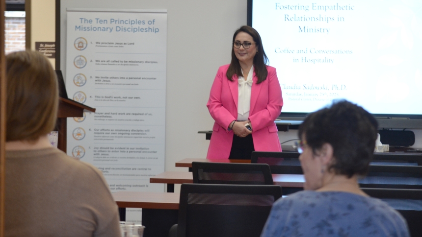 Claudia F. Sadowski, Ph.D., coordinator of intercultural ministry for the Diocese of Gary, listens as attendees share their background in hospitality at the parish level during a Coffee and Coffee event. Sadowski delivered a presentation titled "Fostering Empathetic Relationships in Ministry" on Jan. 24 at that Pastoral Center in Merrillville which was organized by the Office of Missionary Discipleship and Evangelization. (Erin Ciszczon photo)