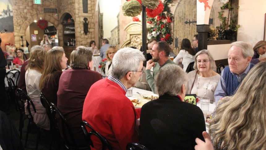 Catholic married couples packed into Don Quijote restaurant in Valparaiso to enjoy the annual Marriage Date Night hosted by the Diocese of Gary on Feb. 7. The conversation was lively, the music was melodic and the dinner was delicious heading into a talk about finding "Pilgrim Hearts" that focus on the Blessed Mother. (Marlene A. Zloza photo)