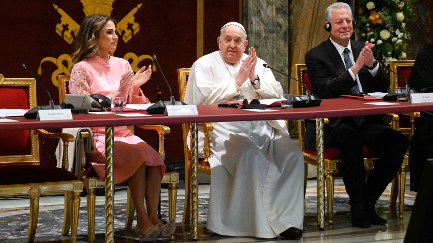 Pope Francis sits alongside Queen Rania of Jordan, left, and former U.S. Vice President Al Gore during the world leaders’ summit on children’s rights at the Vatican Feb. 3, 2025. (CNS photo/Vatican Media)