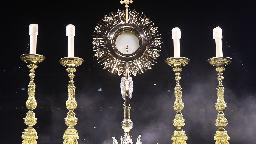 The monstrance is pictured during Eucharistic adoration at the July 18, 2024, second revival night of the National Eucharistic Congress at Lucas Oil Stadium in Indianapolis. The Archdiocese of Indianapolis is investigating a possible Eucharistic miracle involving an allegedly "bleeding host" at St. Anthony of Padua Church in Morris, Ind., that took place in February. (OSV News photo/Bob Roller)