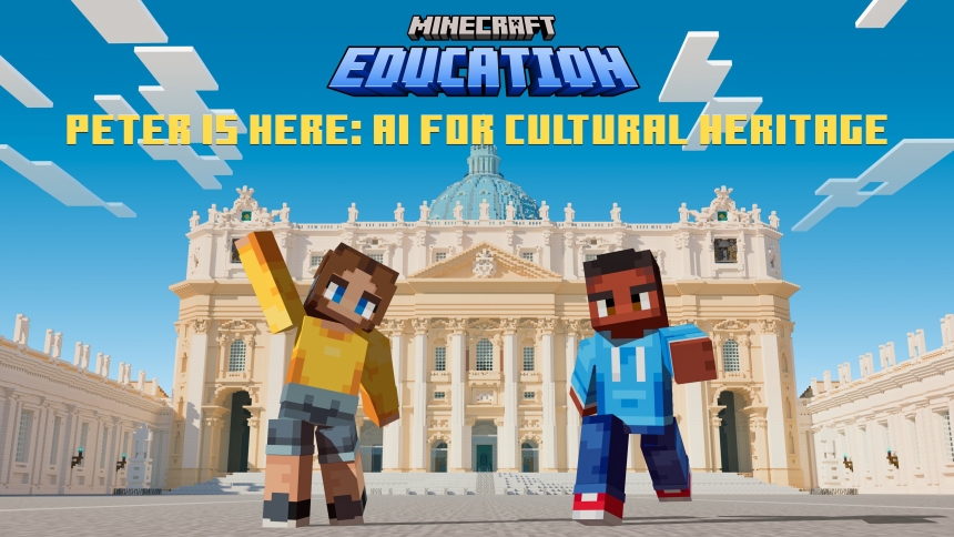 A screengrab shows two characters welcoming a player in St. Peter's Square in front of the basilica in a new interactive game, "Peter is Here: AI for Cultural Heritage," released worldwide March 18, 2025, by Microsoft's Minecraft Education in collaboration with the Vatican and St. Peter's Basilica. (CNS photo/courtesy of Microsoft/Mojang Studios)
