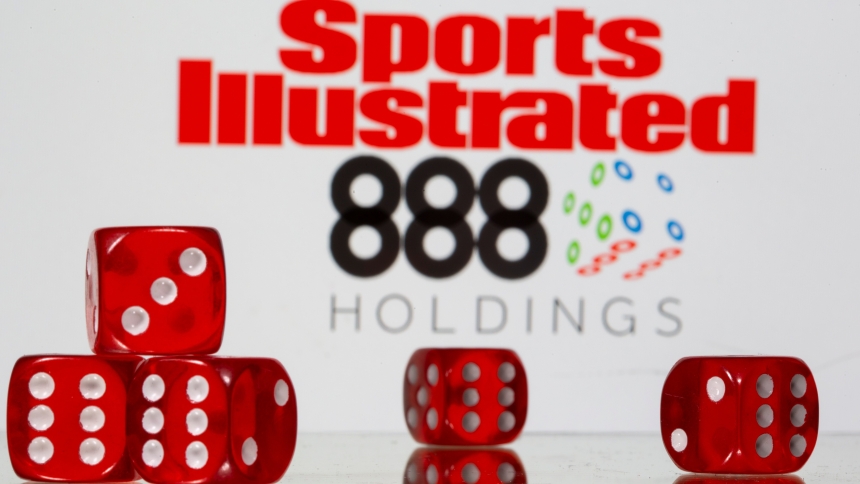 Gambling dice are seen in front of Sports Illustrated and 888 Holdings logos in this illustration taken June 24, 2021. (OSV News illustration/Dado Ruvic, Reuters)