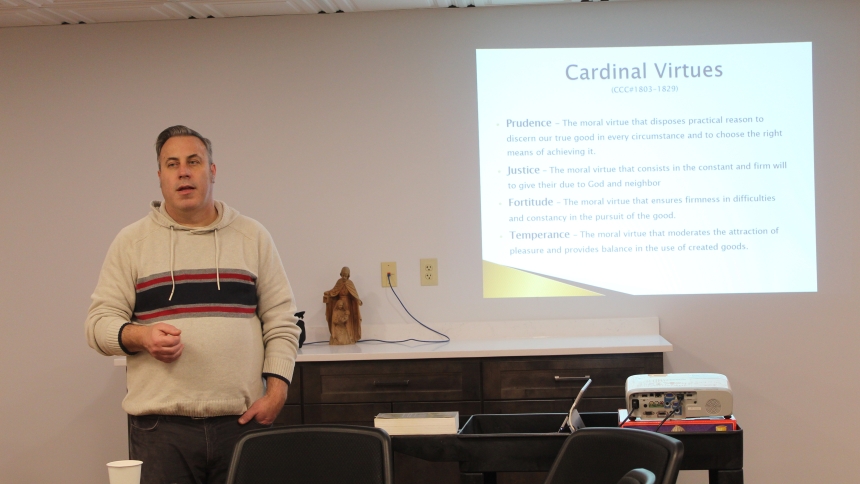 "The cardinal virtues of the Catholic Church are prudence, justice, fortitude and temperance," outlibned Sean Martin, coordinator of Catechesis and Faith Formation for the Diocese of Gary, at a Catechist Formation Woikshop on March 18 at the Pastoral Center in Merrillville. (Marlene A. Zloza photo)