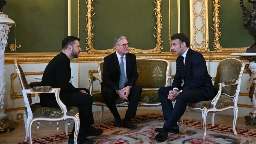 Ukrainan President Volodymyr Zelenskiy, British Prime Minister Keir Starmer and French President Emmanuel Macron hold a meeting during a European leaders' summit at Lancaster House in central London March 2, 2025. (OSV News photo/Justin Tallis, Reuters)