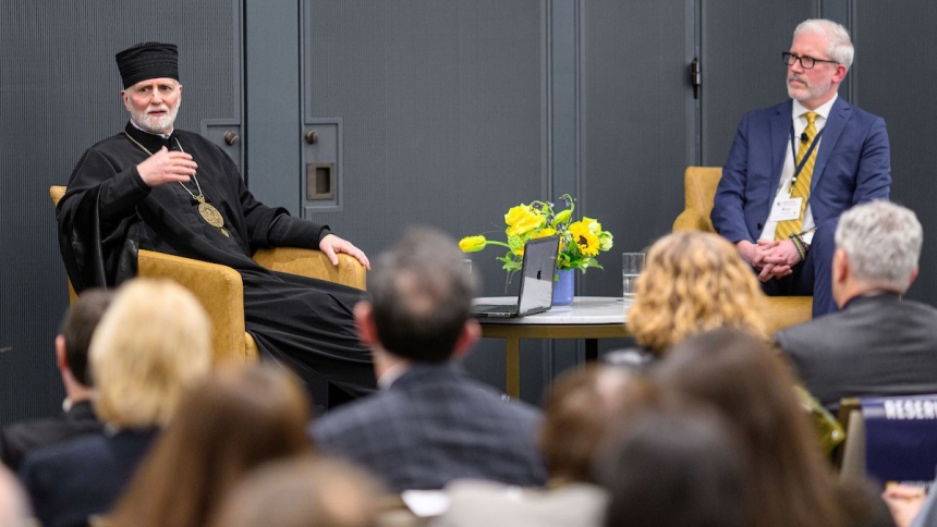 Metropolitan Archbishop Borys A. Gudziak of the Ukrainian Catholic Archeparchy of Philadelphia gestures during his talk at the University of Notre Dame's 2025 Ukrainian Studies Conference in Indiana about the ongoing war between Ukraine and Russia. The event was a collaboration between Notre Dame’s Nanovic Institute (part of the Keough School of Global Affairs) and Ukrainian Catholic University, of which Metropolitan Gudziak is president. (OSV News photo/Matt Cashore, courtesy University of Notre Dame)